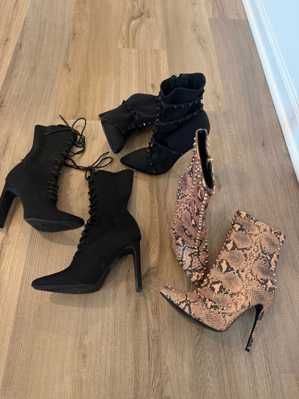 Women’s Snake Print Pointed Toe Stiletto Ankle Boots - Pink/Brown Bundle